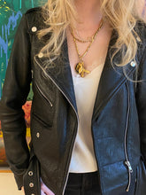 Load image into Gallery viewer, Brass cube chain with initial charms and pebbled leather jacket