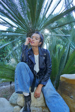 Load image into Gallery viewer, Smooth black leather jacket, front view