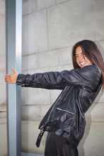 Load image into Gallery viewer, Boyfriend leather jacket, side view
