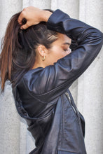 Load image into Gallery viewer, Black leather boyfriend jacket, side view
