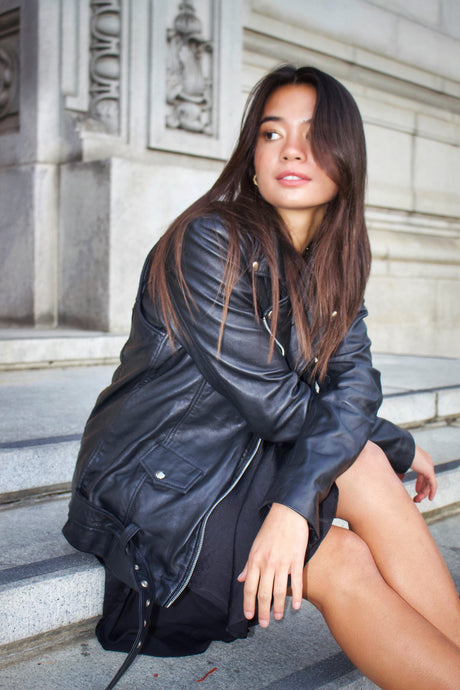 Black leather boyfriend jacket, side view