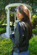 Load image into Gallery viewer, Smooth black leather jacket, side back view
