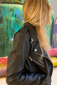 Pebbled leather biker jacket with epaulettes